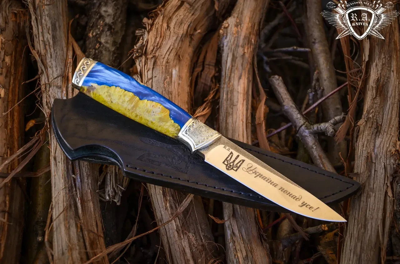 Нож ручной работы "Україна понад усе" 150х30х4мм из нержавеющей стали и рукоятью из гибрида, фото 1