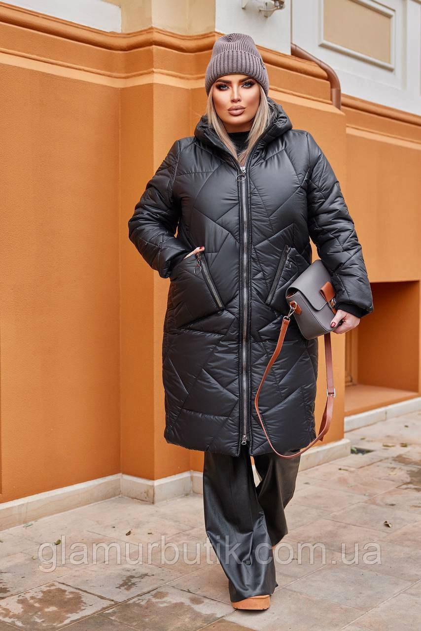 Тепле зимове жіноче пальто куртка з капюшоном чорна 42-44 46-48 50-52 54-56
