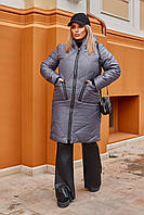 Тепле жіноче пальто довге зимове з капюшоном графіт 42-44 46-48 50-52 54-56