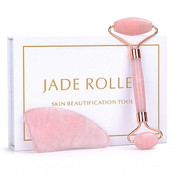 Набір ролер та скребок Гуаша Jade Roller з натурального розового кварцу