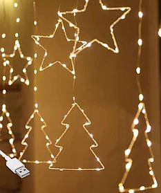 Гірлянда штора роса "Ялинки Зірки" від USB, 3x1м, 10 фігурок, 8 режимів