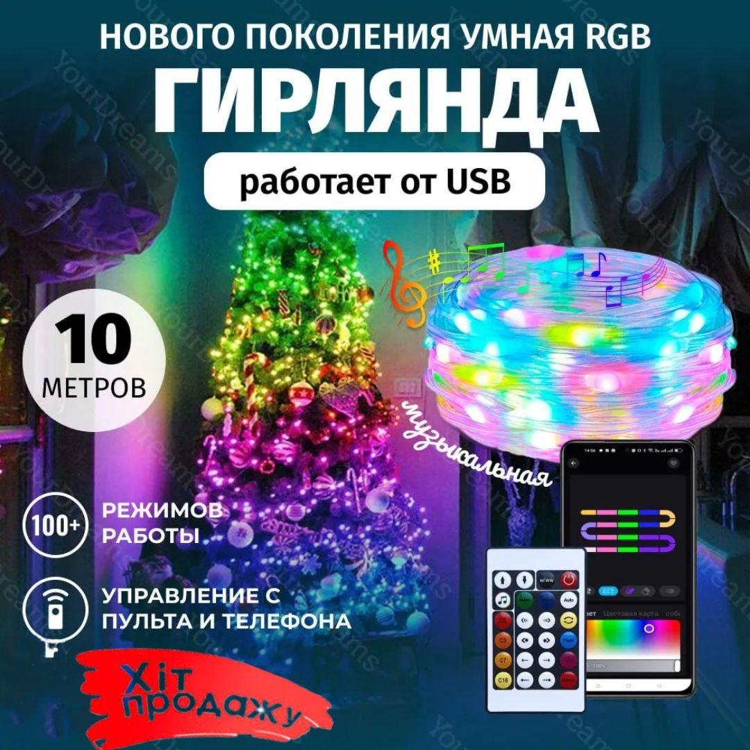 Світлодіодна Гірлянда Fairy Lights Smart 10 м 100 LED RGB Bluetooth керування з телефона застосунком, USB