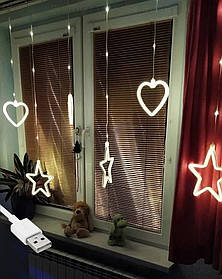 Гірлянда штора роса "Сердечки Зірки" від USB, 3x1м, 10 фігурок, 8 режимів