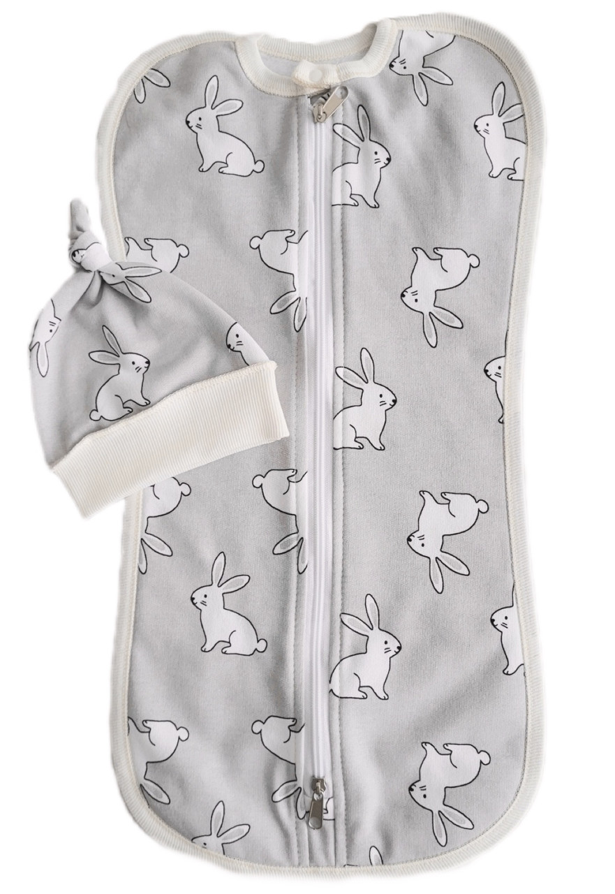 Пеленка кокон для новорожденных на змейке байковая "Серо-молочная с кроликами" №40 0-6 мес. Пеленка для малыша - фото 1 - id-p2044262051