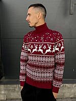 Чоловічий новорічний светр з оленями теплий бордовий 001