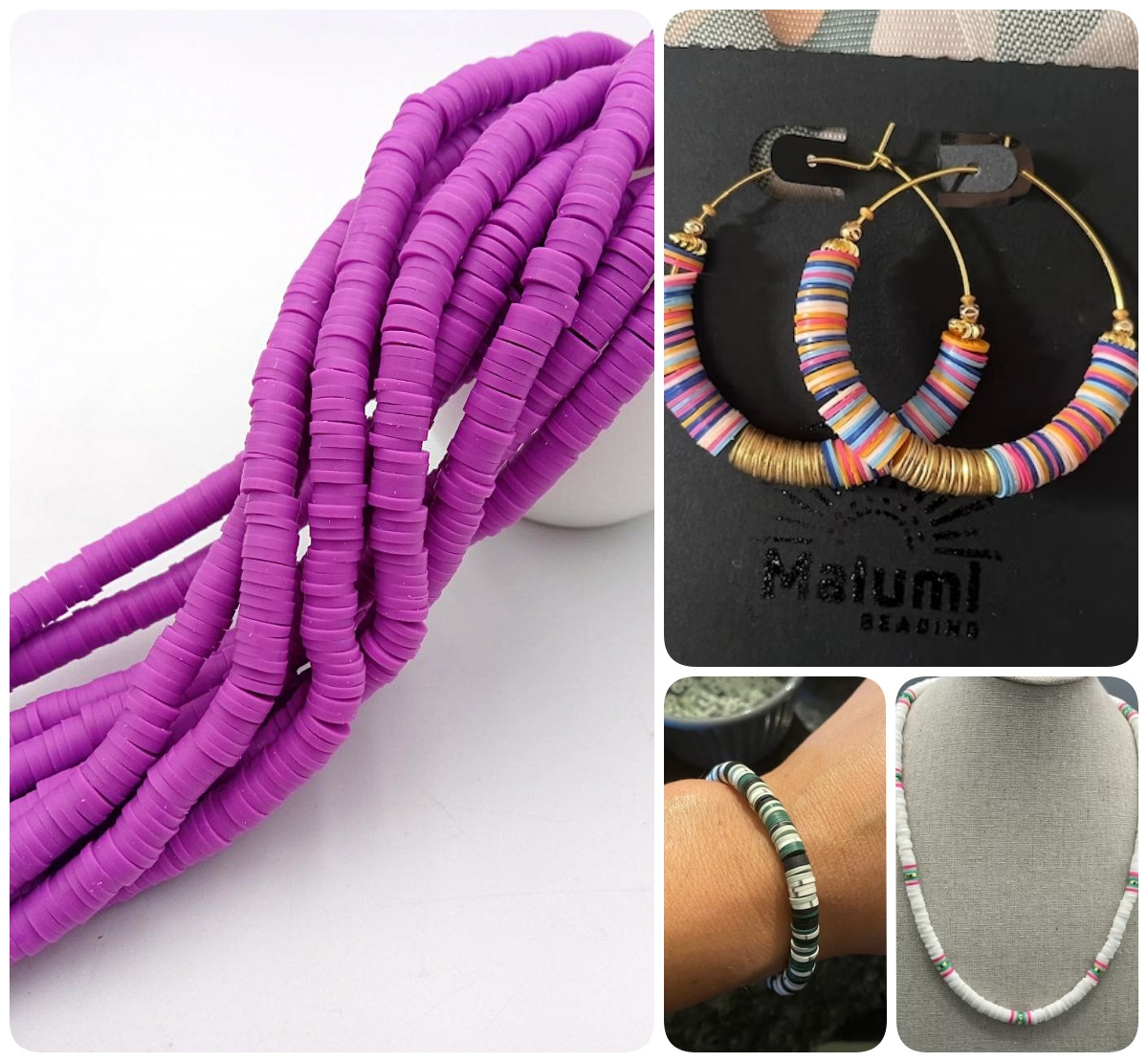 Плоскі Намистини з Полімерної Глини / на нитці ~ 310 шт / Ø 6 мм / довжина нитки - 40 см / Фуксія, фото 1