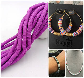 Плоскі Намистини з Полімерної Глини / на нитці ~ 310 шт / Ø 6 мм / довжина нитки - 40 см / Фуксія