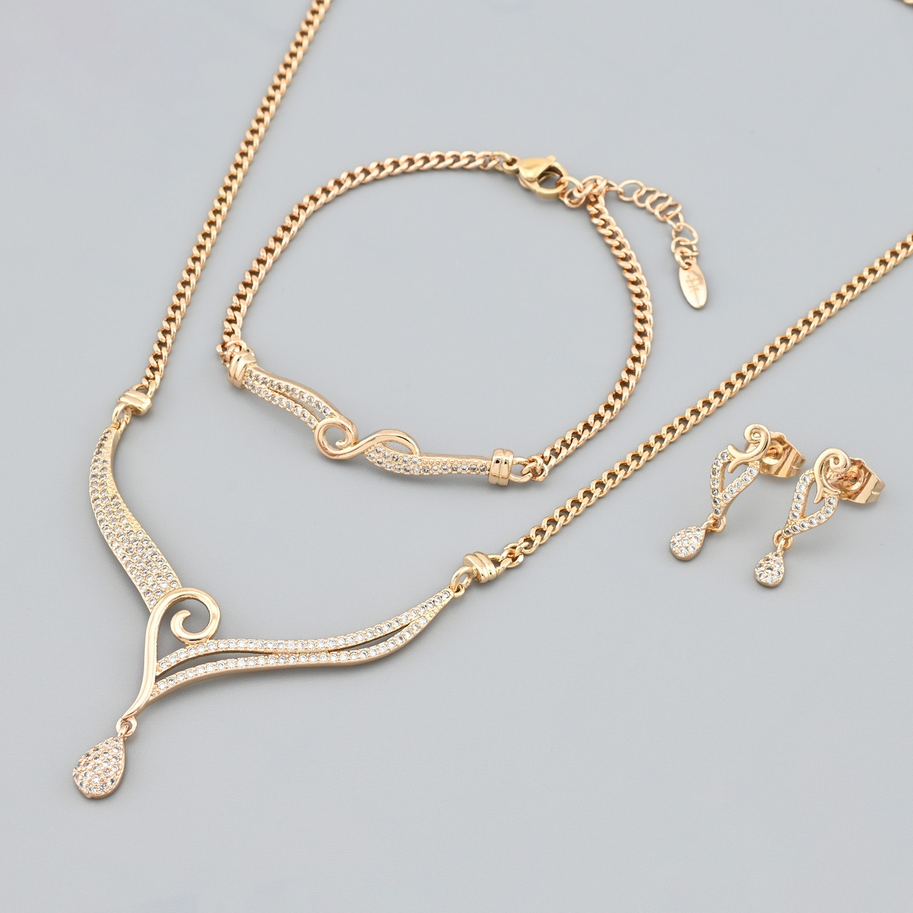 Набір Айнель 40796 кольє + браслет дефект каменів подряпини ширина 2.5 мм сережки 20х6 мм білі фіаніти позолота, фото 1