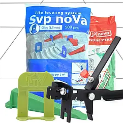 Комплект noVa SVP (500 основ 1,5 мм + 200 Клинів + Інструмент) допомагає уникнути усадки плиткового клею