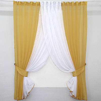 Кухонні шторки (400х170см.) з підв'язками. Колір золотистий з білим. Код 096к 52-0403