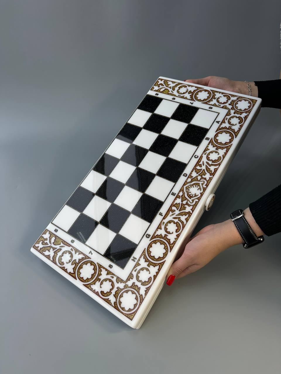 Розкішні шахи, шашки, нарди - набір 3 в 1 із білого акрилового каменю 58*28*5 см, арт.190644