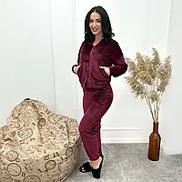 Махровий костюм для дому та сну, штани та кофта на блискавці у бордовому кольорі