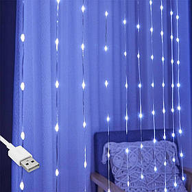 Гірлянда штора Водоспад-роса, від USB, 2x1,6м, 8 ниток, 128 LED, 8 режимів Синій