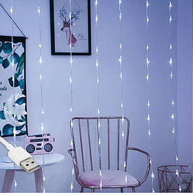 Гірлянда штора Водоспад-роса, від USB, 2x1,6м, 8 ниток, 128 LED, 8 режимів Білий