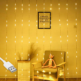 Гірлянда штора Водоспад-роса, від USB, 2x1,6м, 8 ниток, 128 LED, 8 режимів Теплий білий