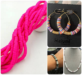 Плоскі Намистини з Полімерної Глини / на нитці ~ 310 шт / Ø 6 мм / довжина нитки - 40 см / Рожевий Неон