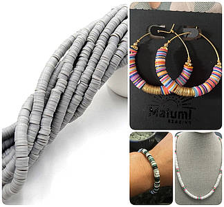 Плоскі Намистини з Полімерної Глини / на нитці ~ 310 шт / Ø 6 мм / довжина нитки - 40 см / Сірий