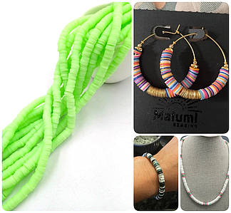 Плоскі Намистини з Полімерної Глини / на нитці ~ 310 шт / Ø 6 мм / довжина нитки - 40 см / Салатовий Неон