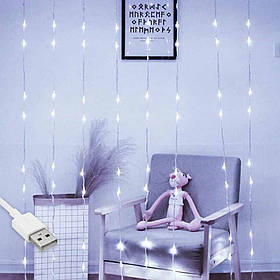 Гірлянда штора Водоспад-роса, від USB, 2x2м, 8 ниток, 160 LED, 8 режимів