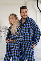 Новогодние парные пижамы в клетку для двоих, семейные комплекты для сна и отдыха для пары в клеточку синие
