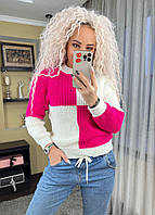 Женский теплый свитер "Квадрат" с длинными рукавами на резинке (Оnesize 42-46), Розовый/Белый