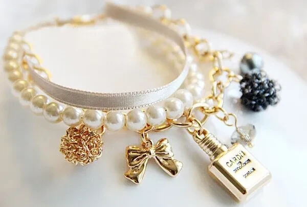 Багатошаровий браслет з перлами перлини стрічка бант флакони для парфумів, фото 1