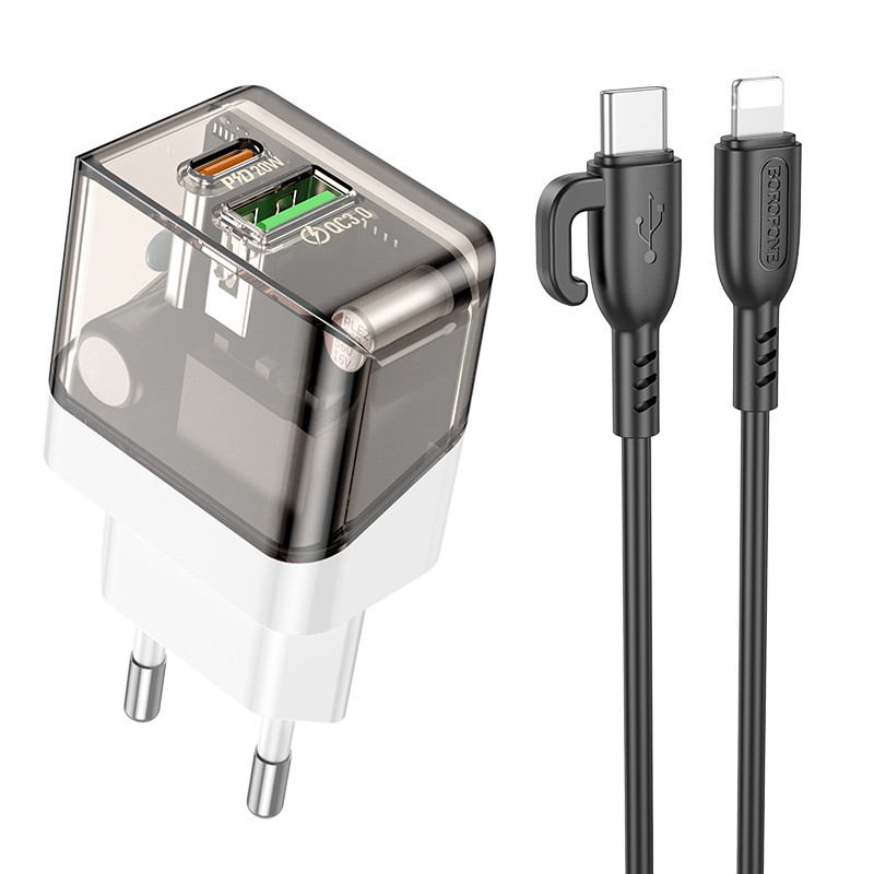 Зарядний пристрій із швидкою зарядкою + кабель Lightning BOROFONE BA80A |1USB/1Type-C, PD/QC, 3A/20W| Чорний