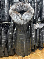 Куртка. Жіночий шкіряний пуховик з хутром чорнобурки. Утеплювач веблюжа шерсть