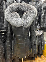 Куртка. Женский кожаный пуховик с мехом чернобурки. Утеплитель верблюжья шерсть