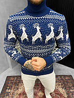 Чоловічий новорічний светр кофта з оленями синій в'язаний з коміром теплий