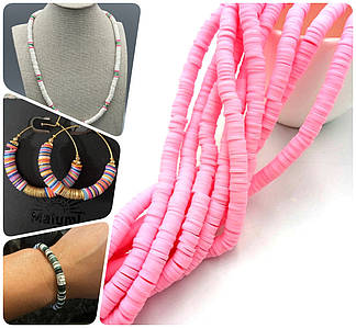 Плоскі Намистини з Полімерної Глини / на нитці ~ 310 шт / Ø 6 мм / довжина нитки - 40 см / Рожевий