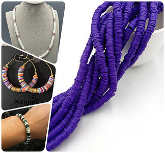 Плоскі Намистини з Полімерної Глини / на нитці ~ 310 шт / Ø 6 мм / довжина нитки - 40 см / Темно-Фіолетовий