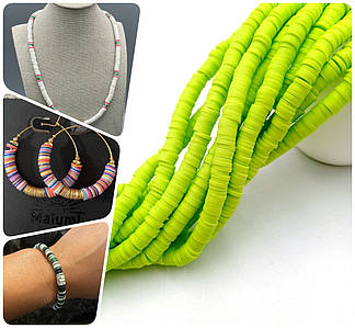 Плоскі Намистини з Полімерної Глини / на нитці ~ 310 шт / Ø 6 мм / довжина нитки - 40 см / Салатовий