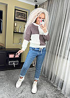 Жіночий теплий светр "Квадрат" з довгими рукавами на гумці (Оnesize 42-46), Мокко/Білий
