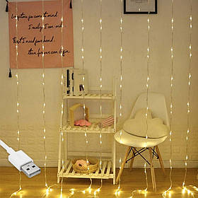 Гірлянда штора Водоспад-роса, від USB, 3x2м, 10 ниток, 200 LED, 8 режимів