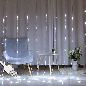 Гірлянда штора Водоспад-роса, від USB, 3x3м, 10 ниток, 300 LED, 8 режимів
