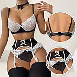 Жіночий комплект білизни чорно-білий з поясом та панчохами, фото 5