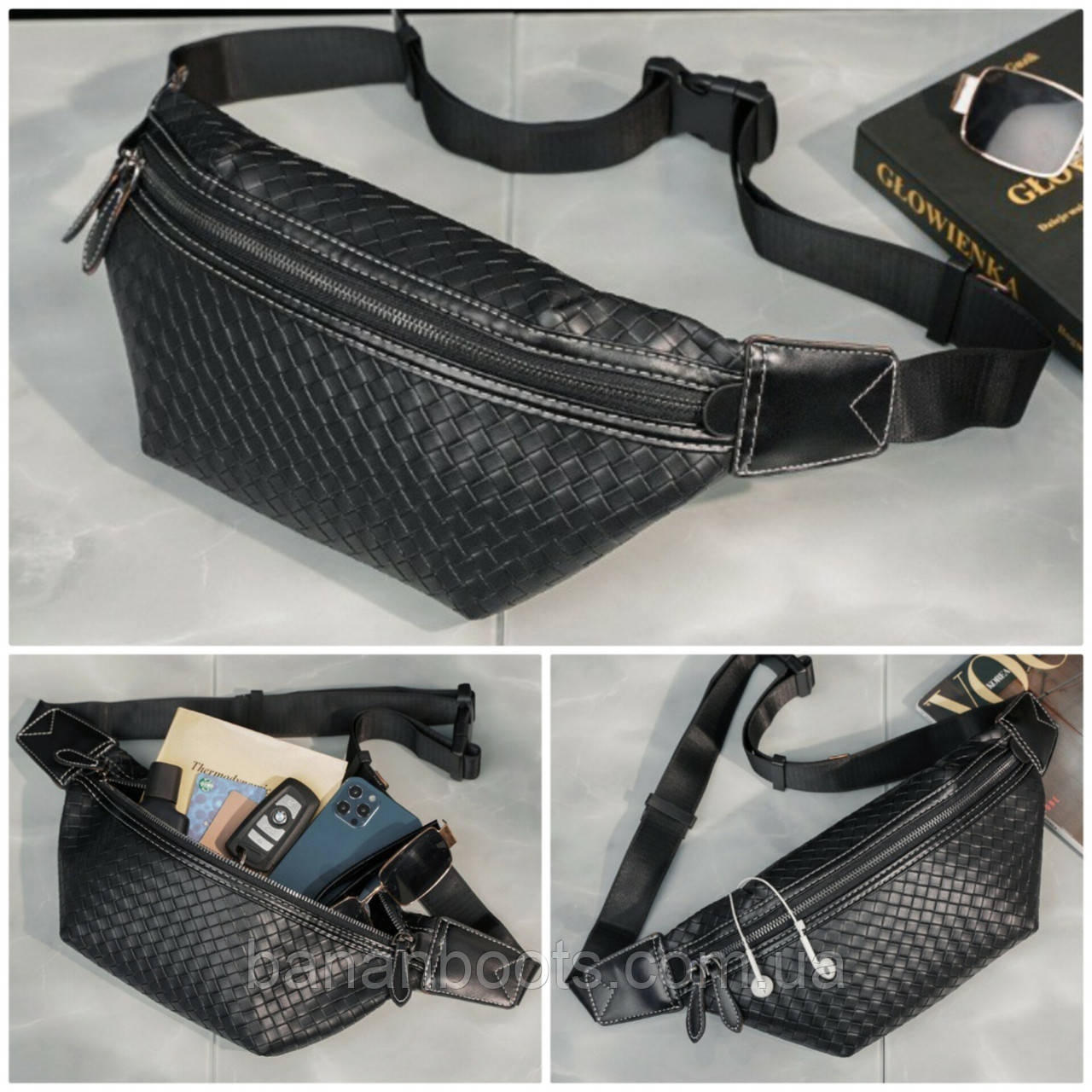 Бананка чоловіча чорна плетена , сумка-бананка поясна, фото 1