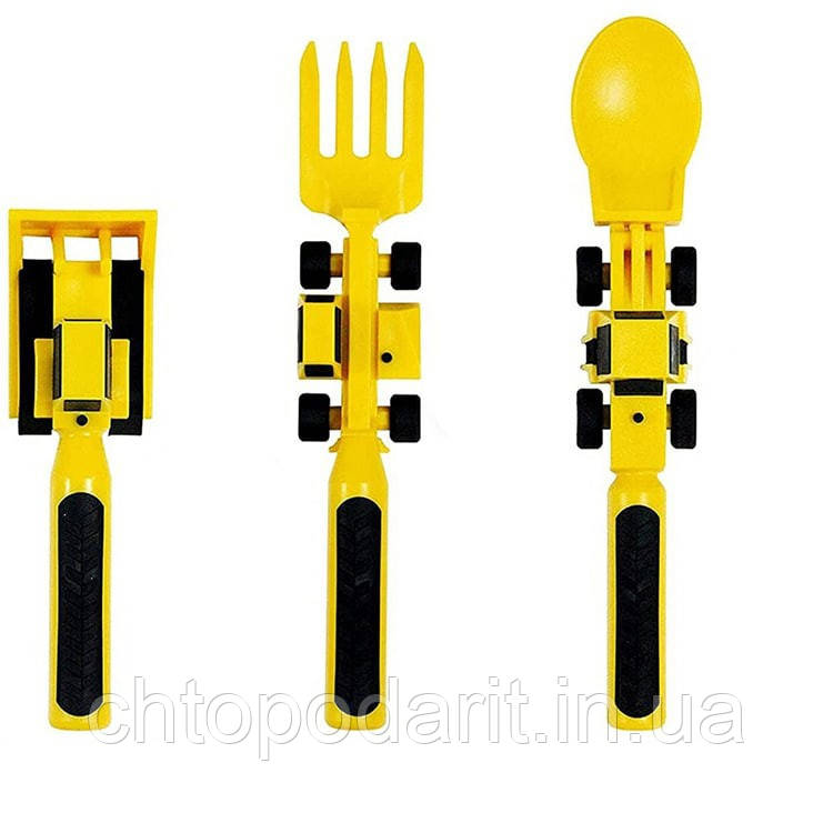 Столові прилади для дитини, ігрова вилка, ложка та ківш для їжі, дитячий посуд, жовтого кольору Код 00-0173, фото 1