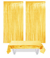Набор со скатертью золото и фольгированными шторками для украшения праздника