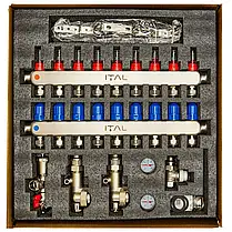 Колектор-гребінка для теплої підлоги ITAL 9 контурів (Нержавіюча сталь) в зборі з насосом Італія, фото 3