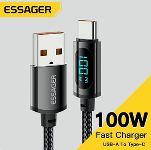Кабель для заряджання телефона з дисплеєм USB Type-C 100w Essager 2 м, кабель швидкого заряджання Type-C чорний, фото 1
