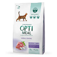 Корм сухой OPTI MEAL для взрослых кошек с эффектом вывода шерсти Adult Cat Duck Hairball Control утка 4 кг