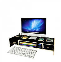Настольная подставка под монитор и ноутбук с полочками для хранения канцелярии черная arena