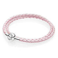 Розовый кожаный двойной плетённый браслет для шармов Пандора 590745CMP-D