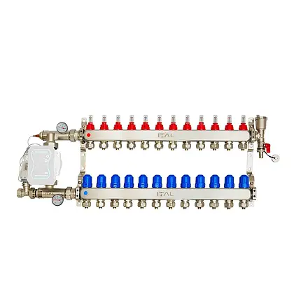 Колектор для теплої підлоги ITAL 12 контурів в зборі (нержавіюча сталь) без насоса Італія, фото 1