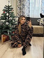 Теплая зимняя женская модная пижама Тедди кофта штаны мягкая пижама на подарок домашний комплект для сна Бежевый/Черный, 42/46