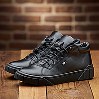 Мужские зимние кожаные кроссовки, ботинки (натуральная кожа) чёрные, мужская обувь на зиму, ботинки на меху для мужчин зима, размер 44