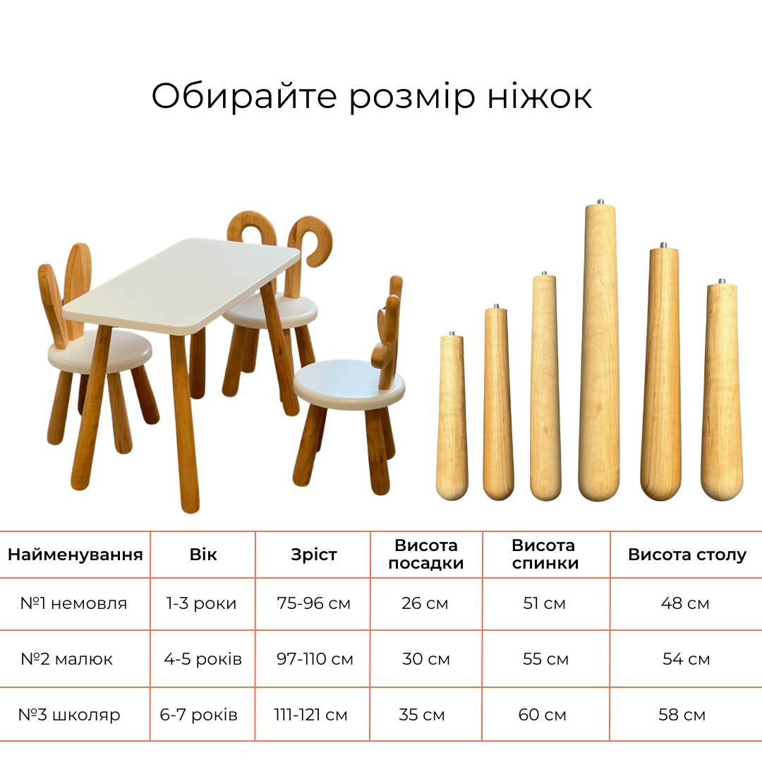 Прямоугольный столик "Монтессори" и стульчик "Банни" из дерева