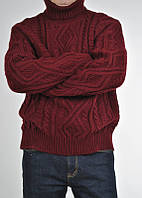 Мужской толстый зимний свитер крупной вязки из шерсти,с узорами и косами,бордовый цвет, р.XL